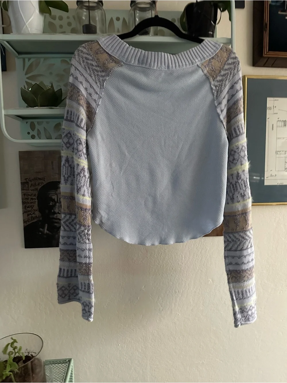 Light Blue Knit Long-Sleeve Scoop Neck Top with Patterned Sleeves